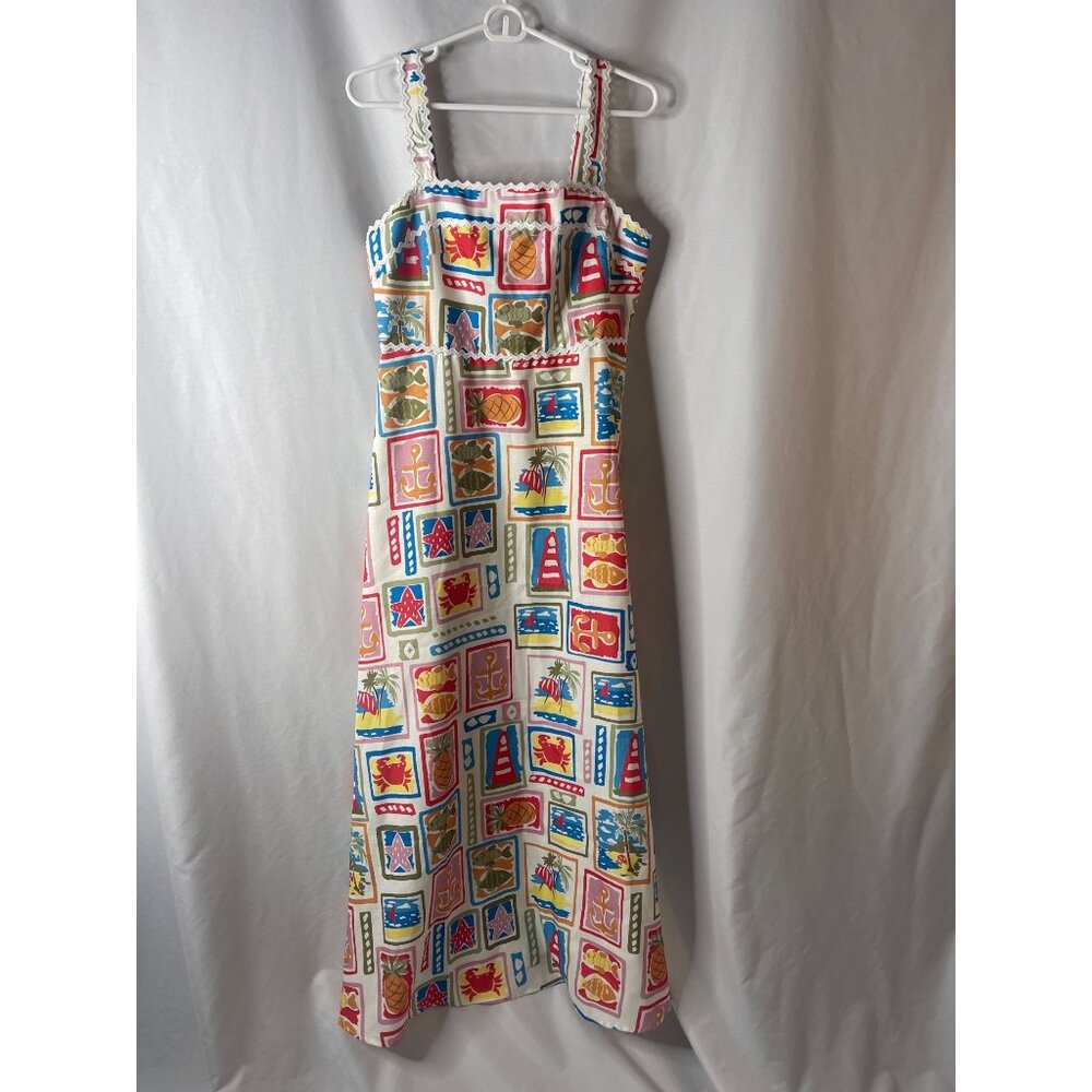 Colorful Charming Beach-Themed Maxi Dress  Square Neckline & Ric-Rac Straps Sz-L
